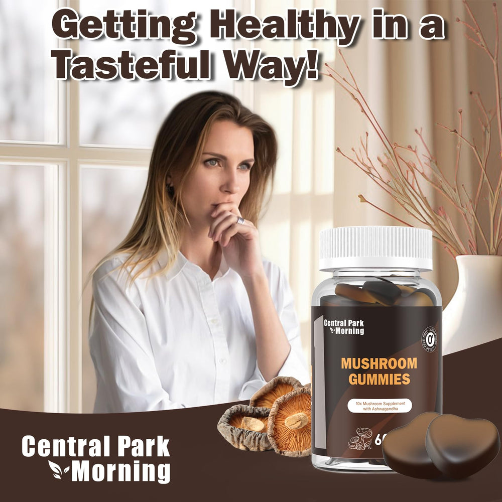 Central Park Morning Mushroom Gummies show vegan and gluten-free attributes.