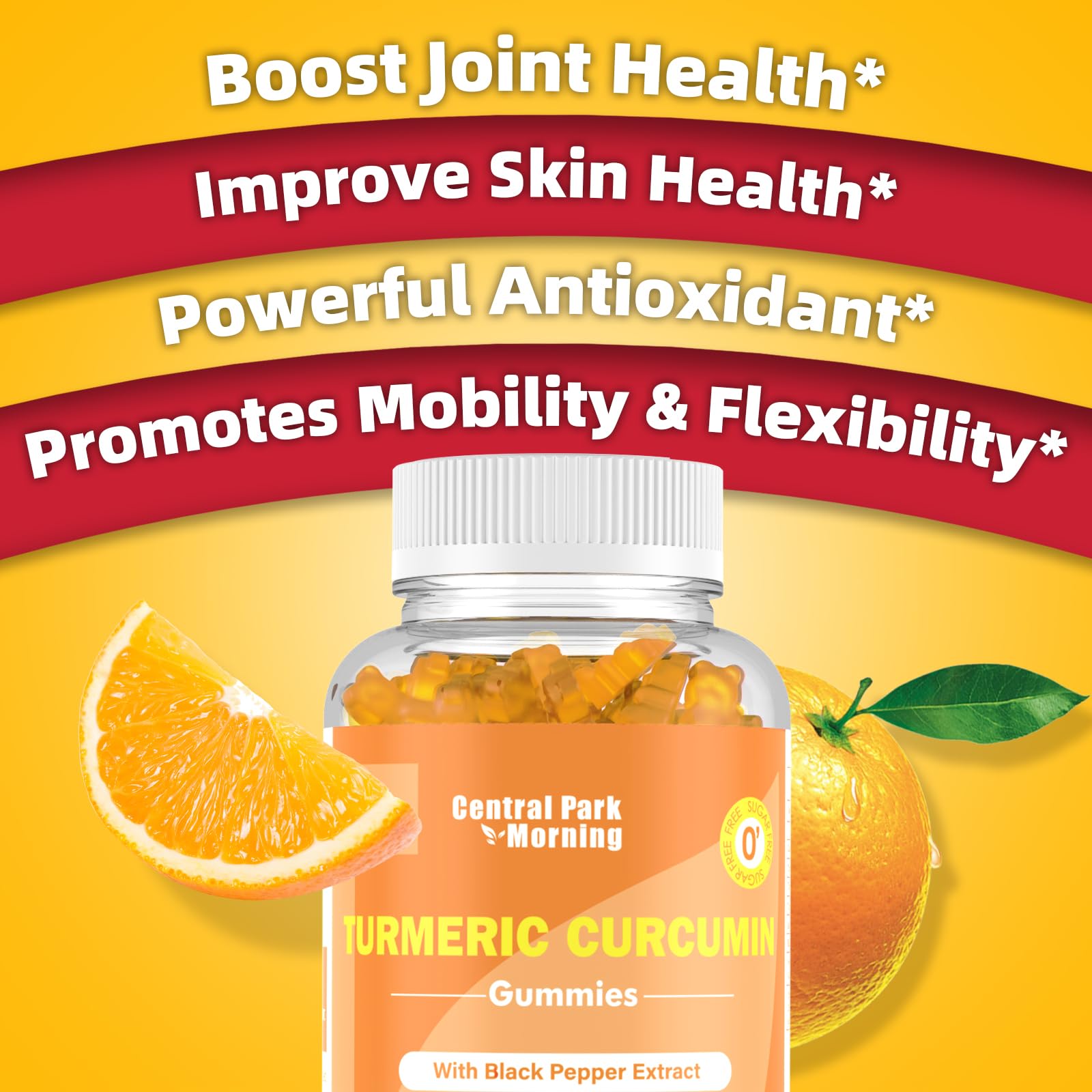 Central Park Morning Turmeric Gummies closeup displays vibrant orange gummies and natural flavor appeal.