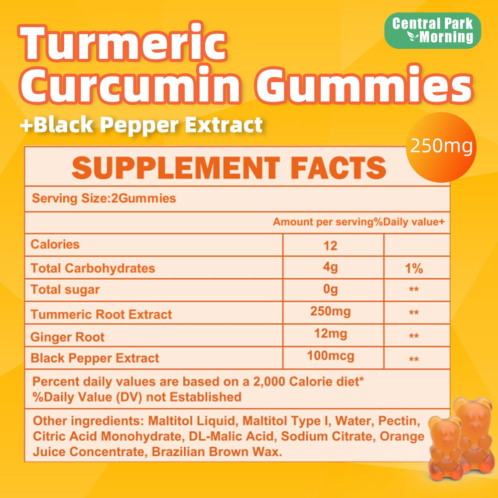 Central Park Morning Turmeric Gummies label shows vegan, gluten-free formula for clean daily wellness.