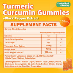 Central Park Morning Turmeric Gummies label shows vegan, gluten-free formula for clean daily wellness.