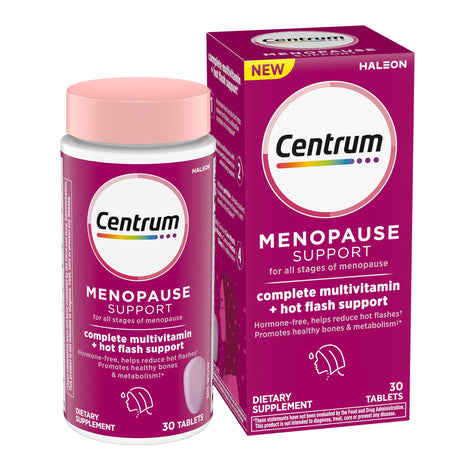 Centrum Complete hot-flash bottle showing daily use for menopause support