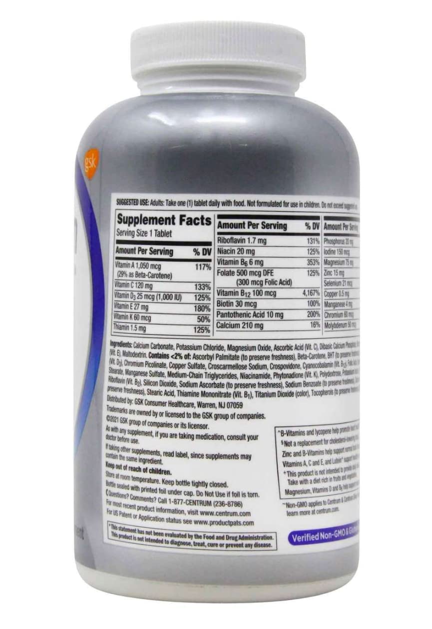 Centrum Men 50+ multivitamin label close-up highlighting comprehensive daily nutrition.