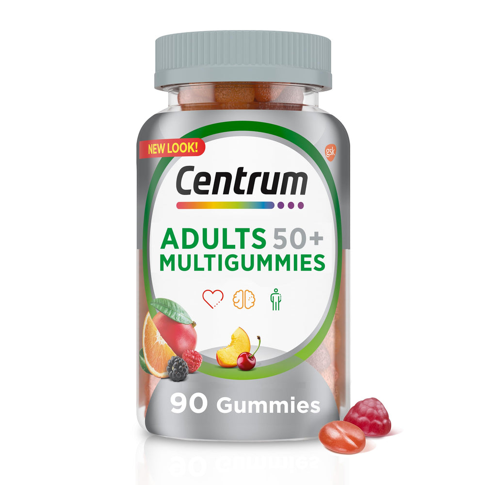 Centrum MultiGummies 50Plus bottle front view, easy daily multivitamin for heart and bone support