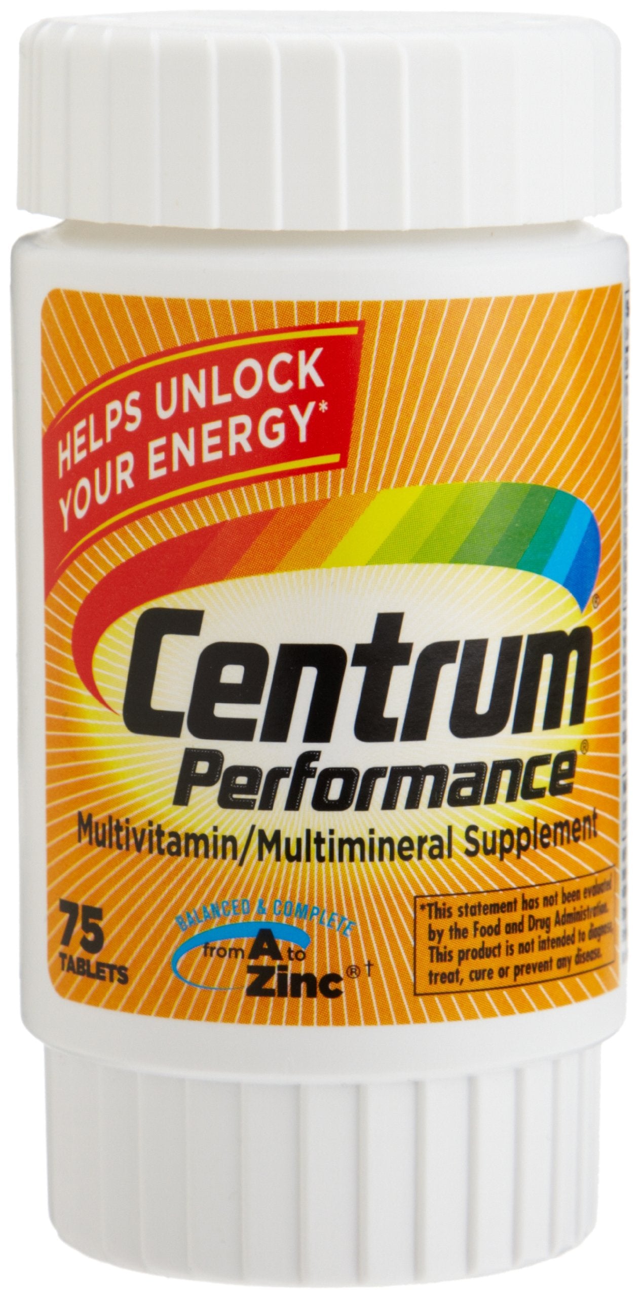 Centrum Performance vitamins bottle highlighting energy metabolism and immune support.