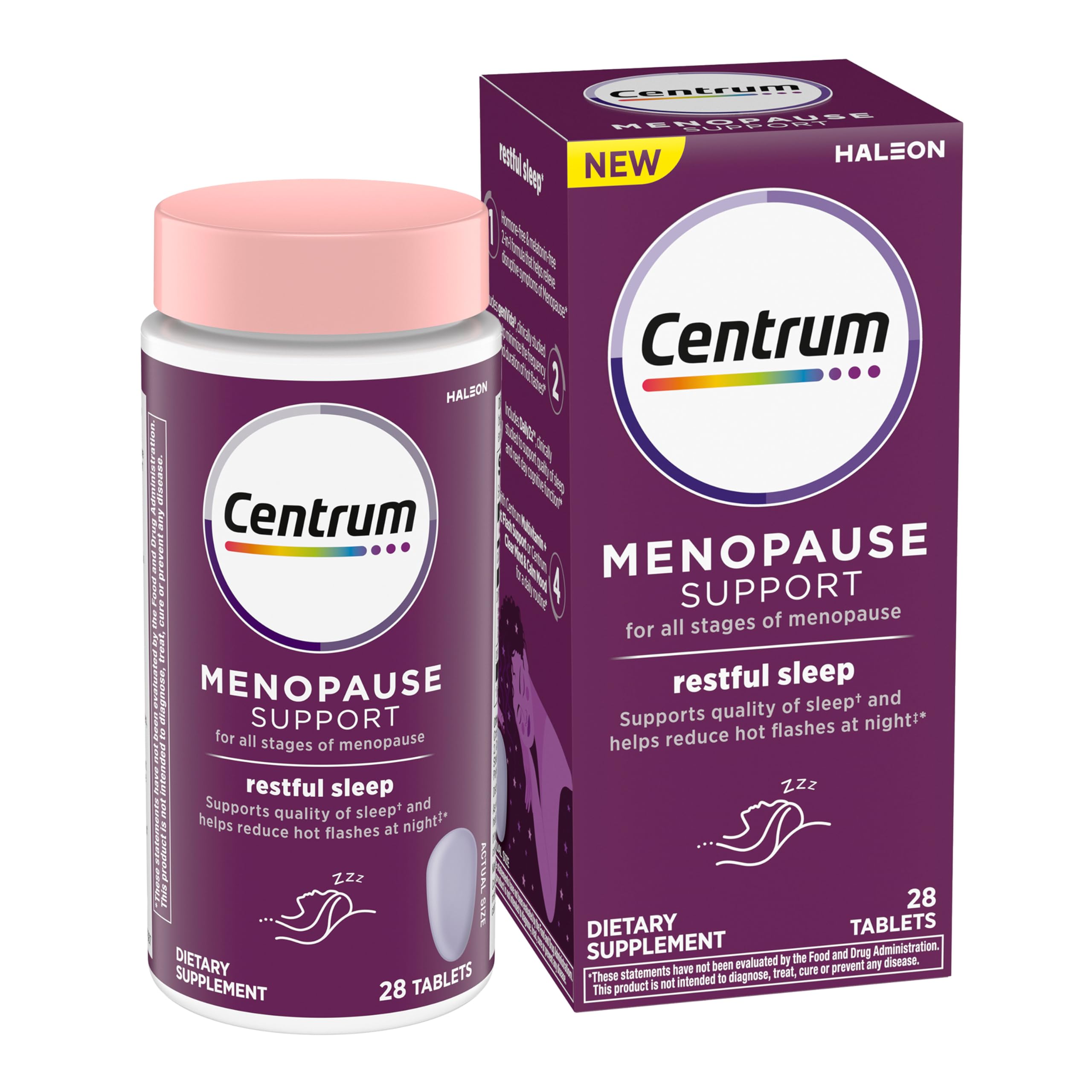 Centrum Restful Sleep menopause bottle on a counter suggesting calm nightly support.