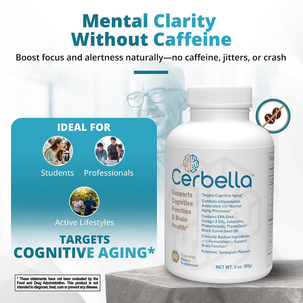 Cerbella omega-3 DHA/EPA ingredients label emphasizing brain health benefits.