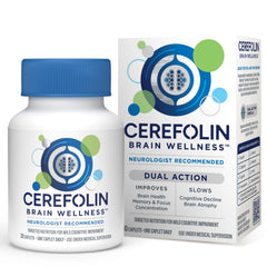 Cerefolin Brain Wellness bottle on desk supports cognitive focus.