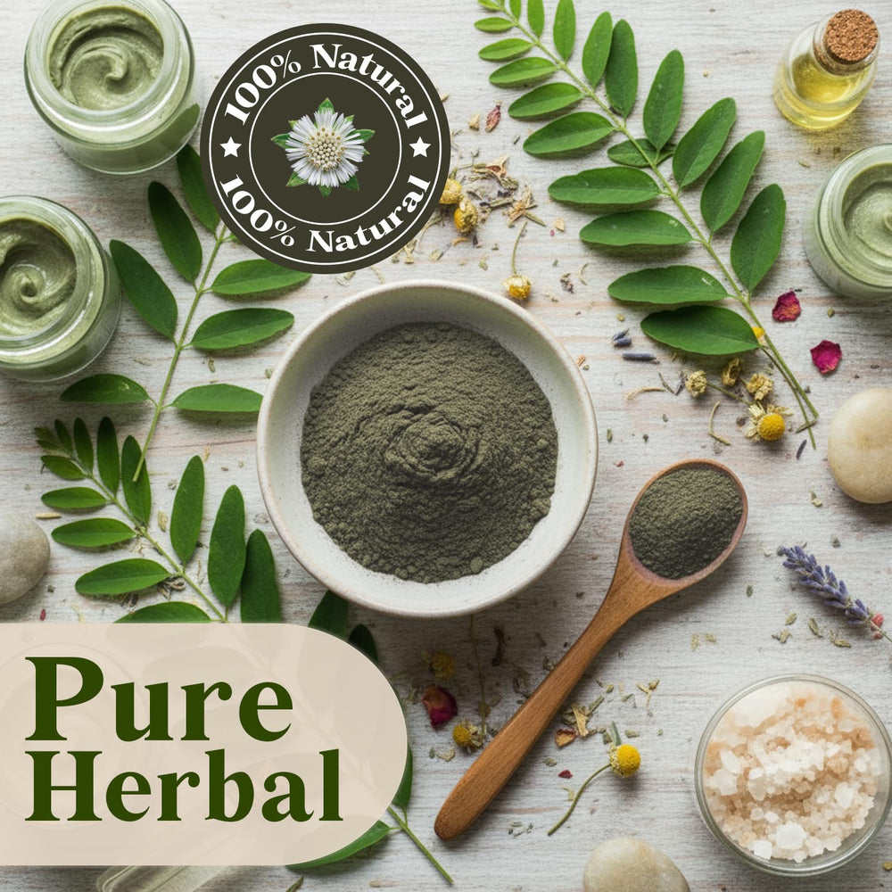 Ceres Gourmet bhringraj powder in a bowl ready for mixing with oils.