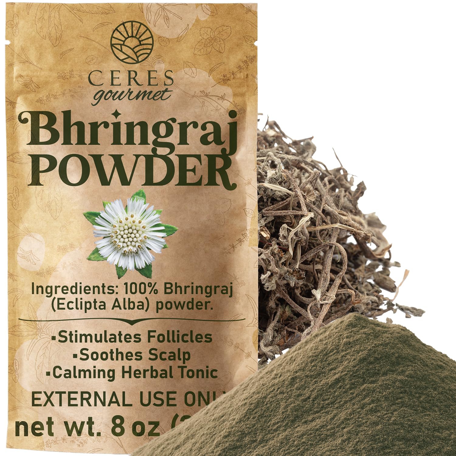 Ceres Gourmet Bhringraj powder in a jar for convenient DIY hair care.