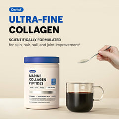 Cevitol collagen powder dissolves in coffee highlighting fast mixability