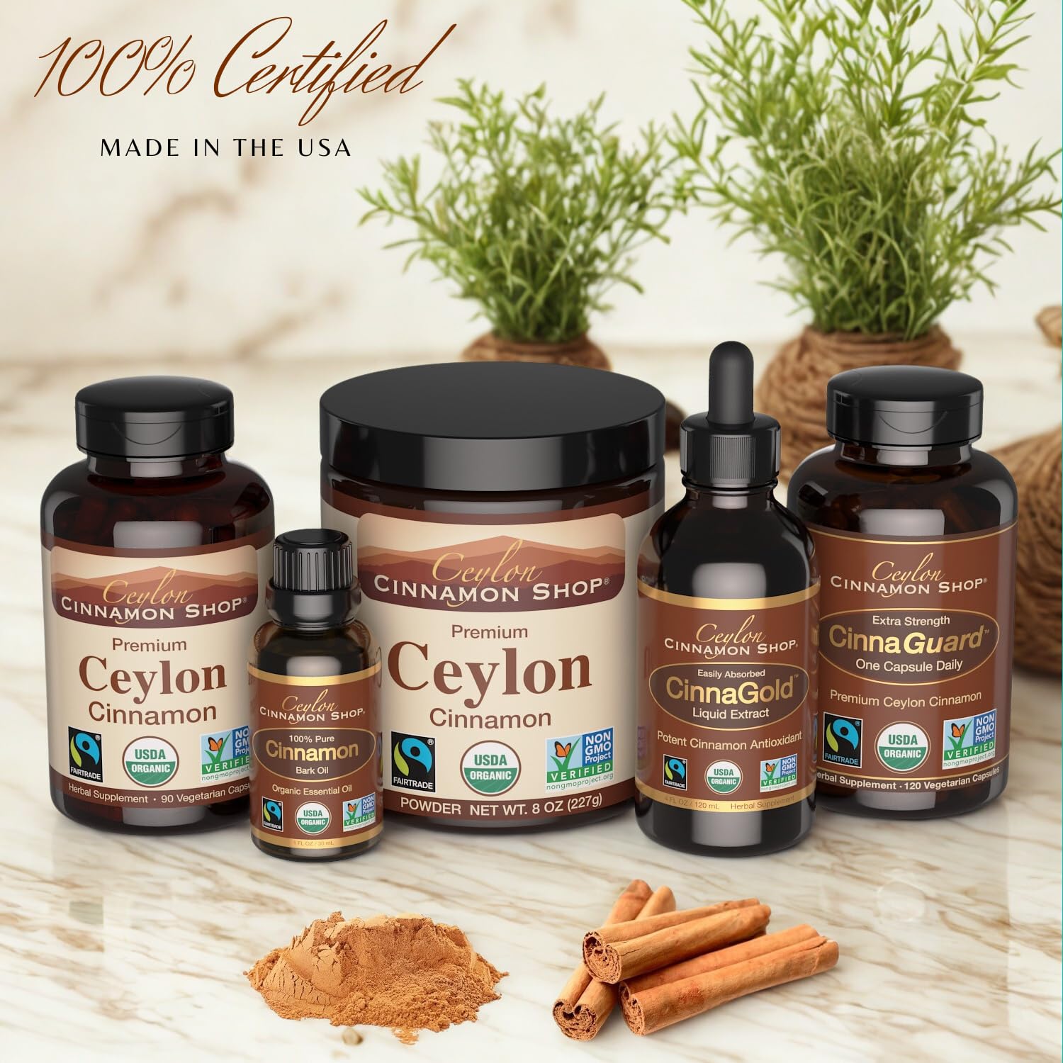 Ceylon Cinnamon Shop CinnaGuard ingredient panel highlighting organic ingredients.