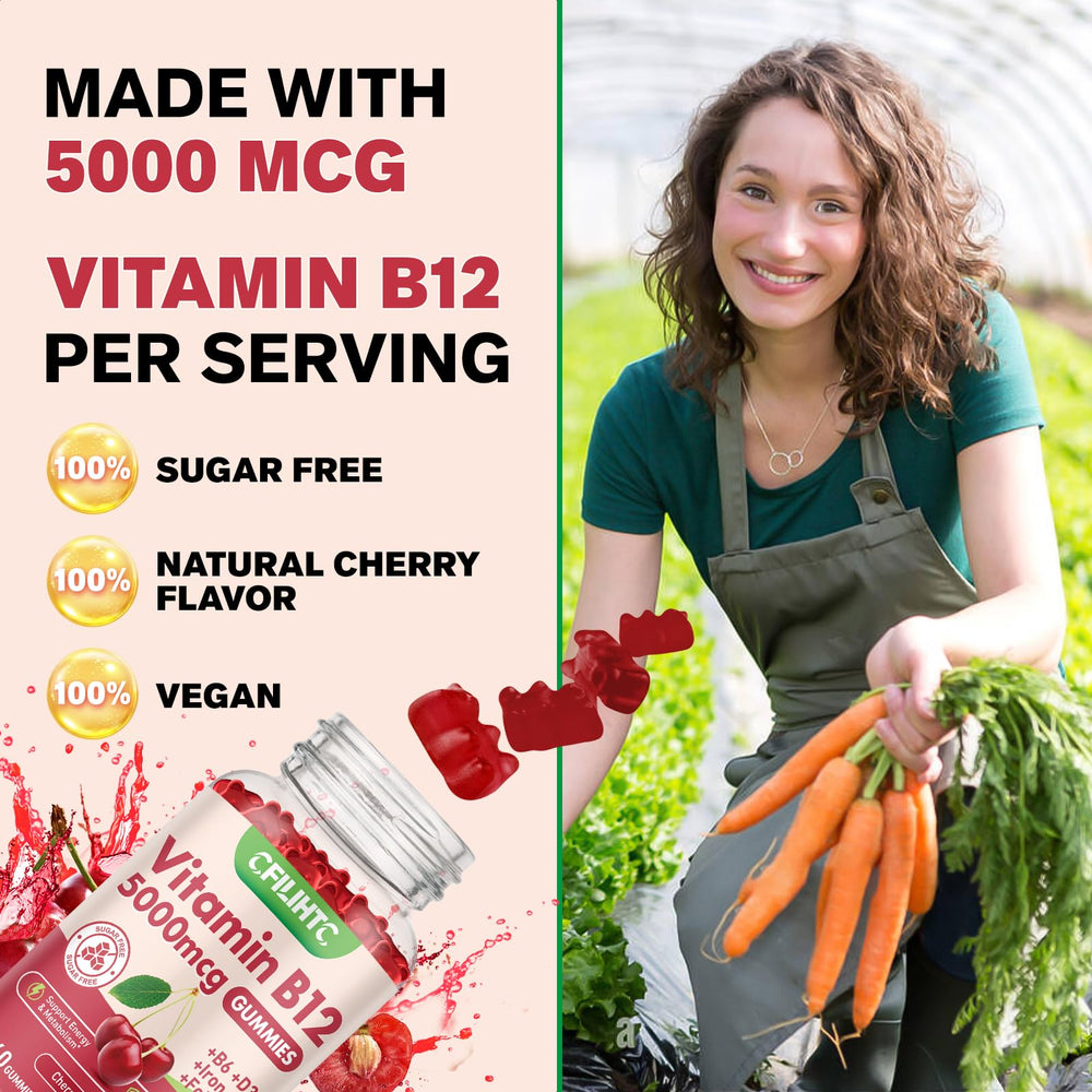 CFILIHTC Vitamin B12 Gummies cherry flavor glow highlighting tasty daily nutrition.