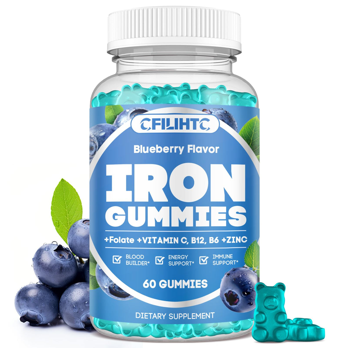 CFILIHTC Iron Gummies blueberry bottle ready for daily energy support