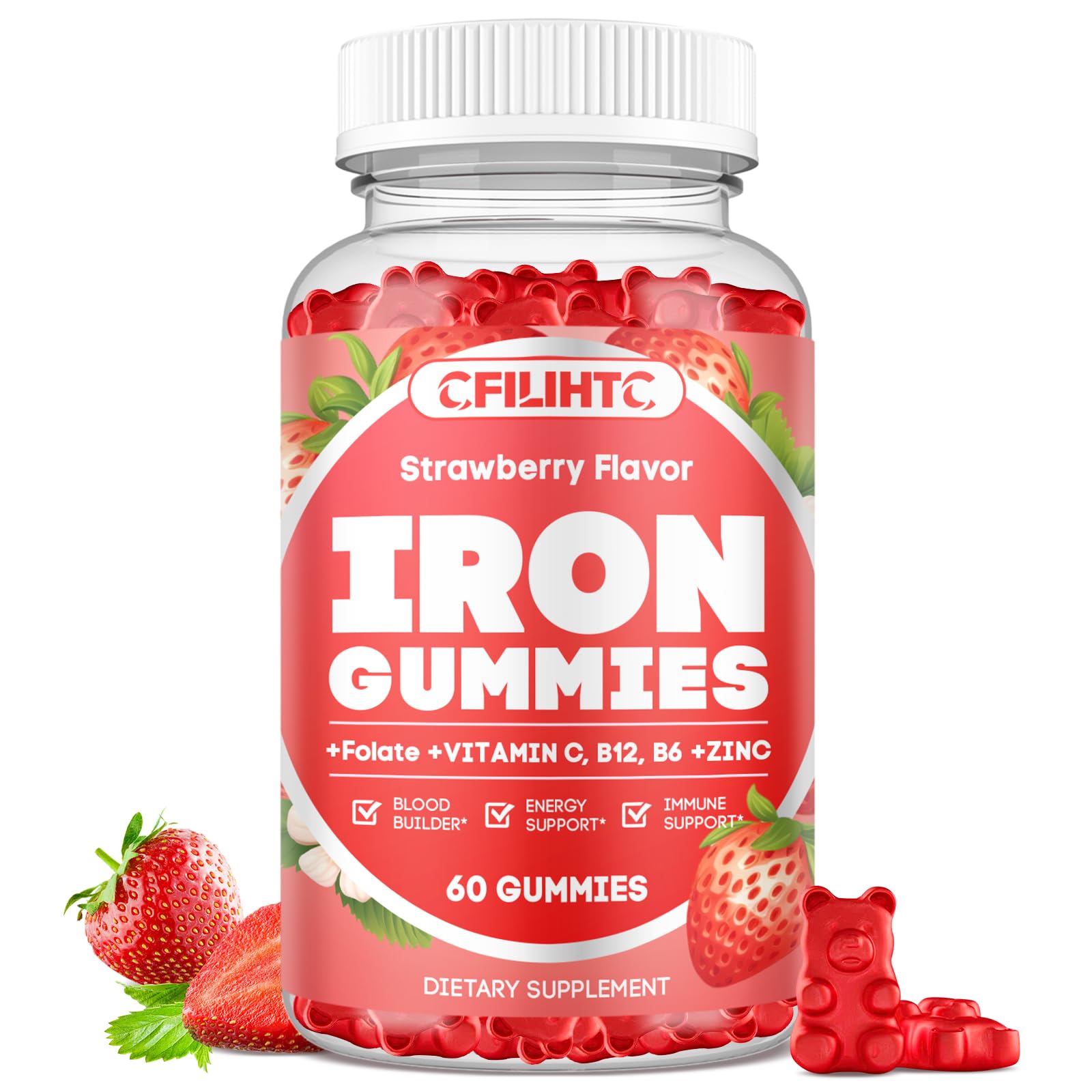 CFILIHTC Iron Gummies bottle with strawberry flavor for daily iron support.
