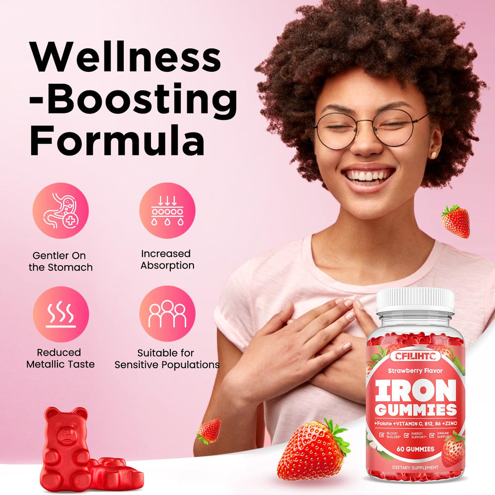 Close-up of CFILIHTC iron gummies for easy, tasty iron intake.