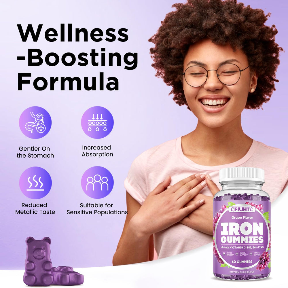 CFILIHTC iron gummies foil label highlights 18 mg iron per serving.