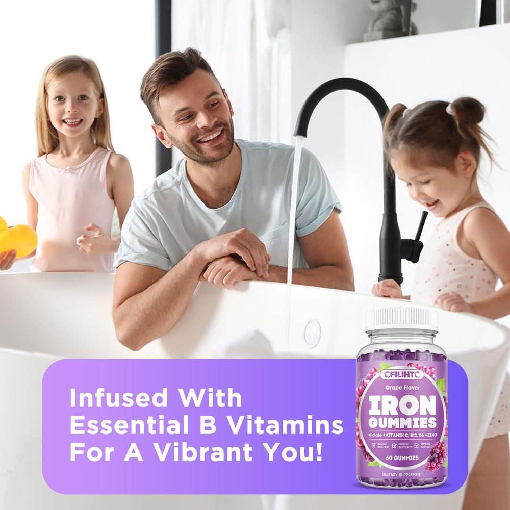 CFILIHTC iron gummies ingredient panel shows ferrous fumarate and essential vitamins.