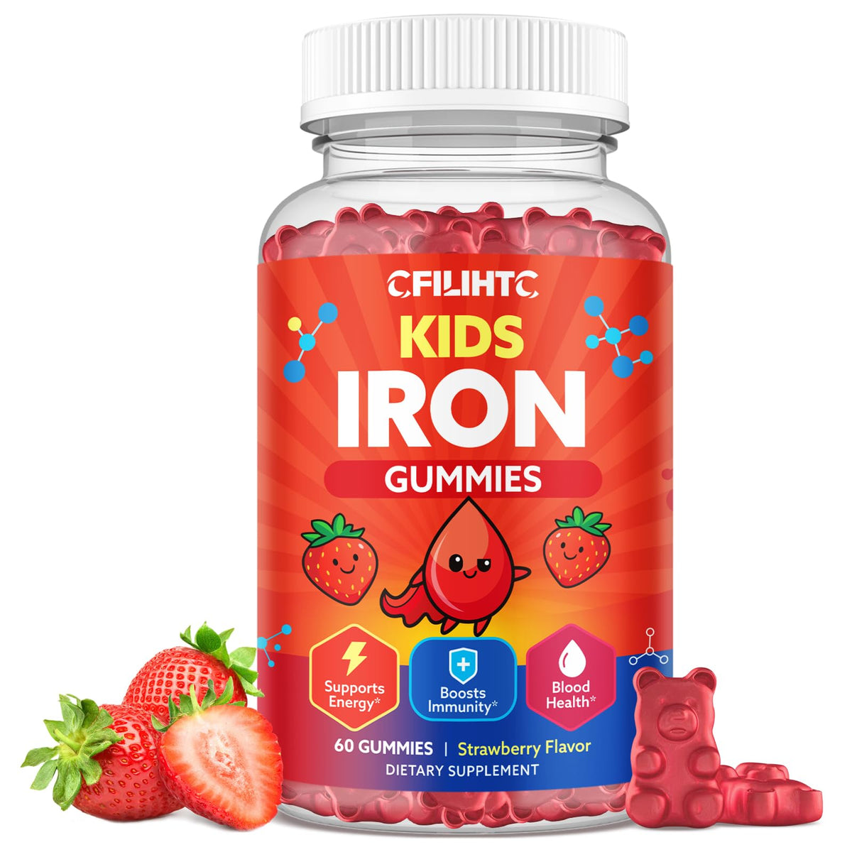 CFILIHTC Iron Gummies strawberry bottle supports healthy iron levels for kids.