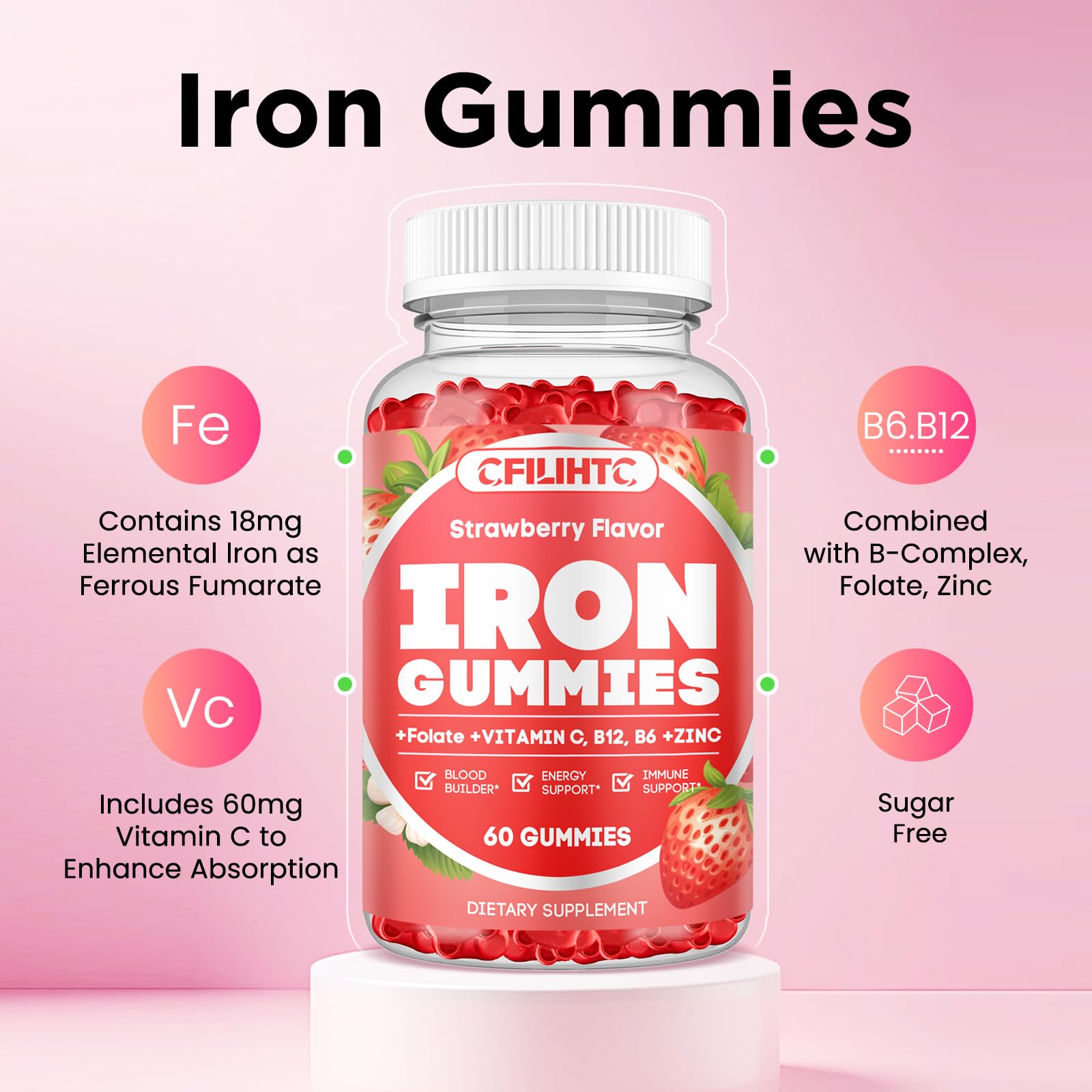 Strawberry-flavored gummies designed to support daily iron intake.