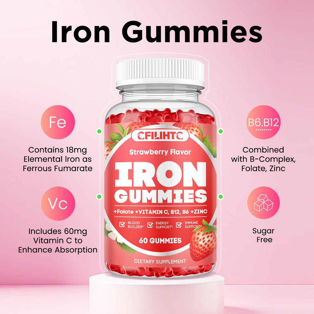 Strawberry-flavored gummies designed to support daily iron intake.