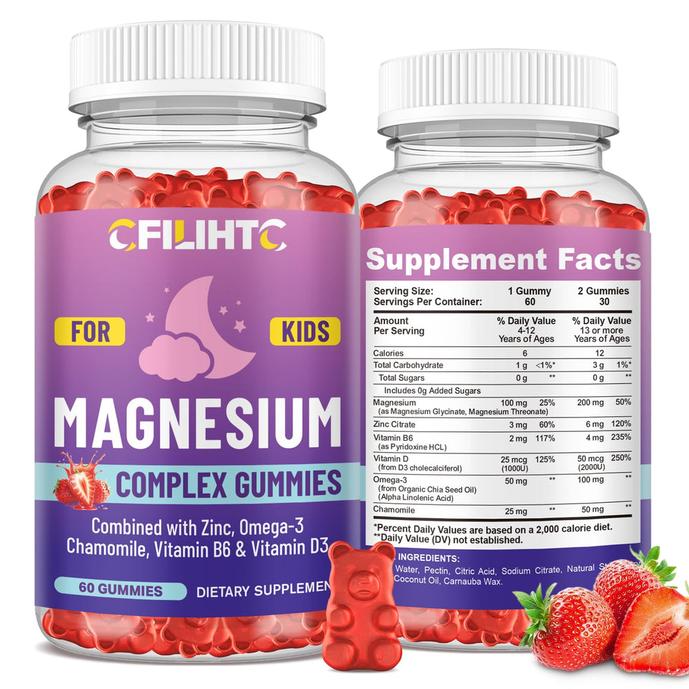CFILIHTC Kids Magnesium Gummies strawberry bears in bottle support bedtime calm.