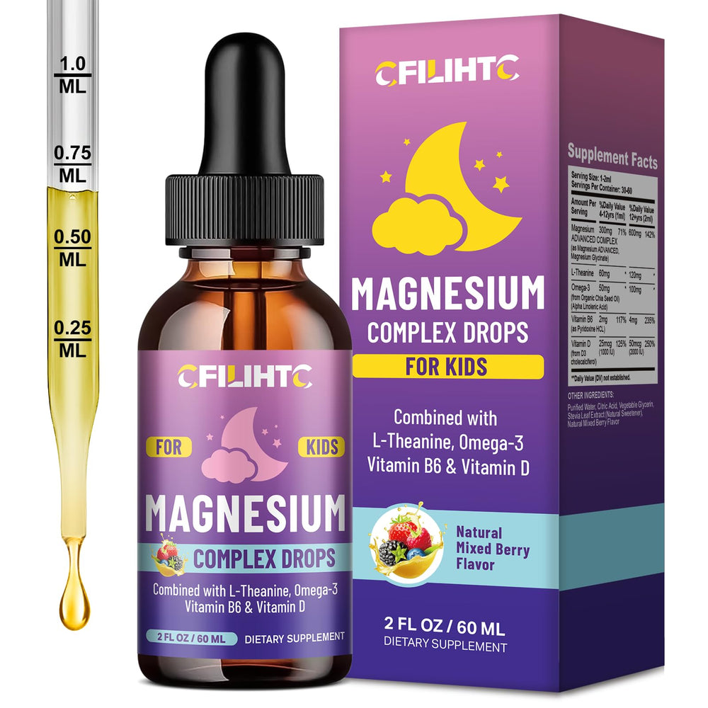 CFILIHTC Kids Magnesium Liquid bottle being poured for easy dosing and calming evenings