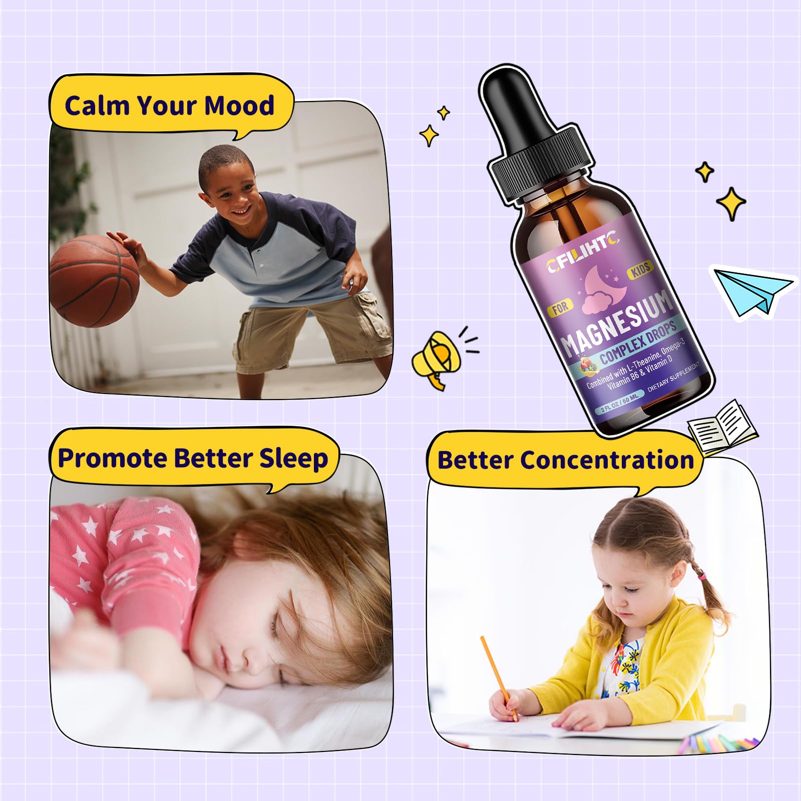 CFILIHTC Kids Magnesium Liquid label closeup highlighting ingredients and berry flavor