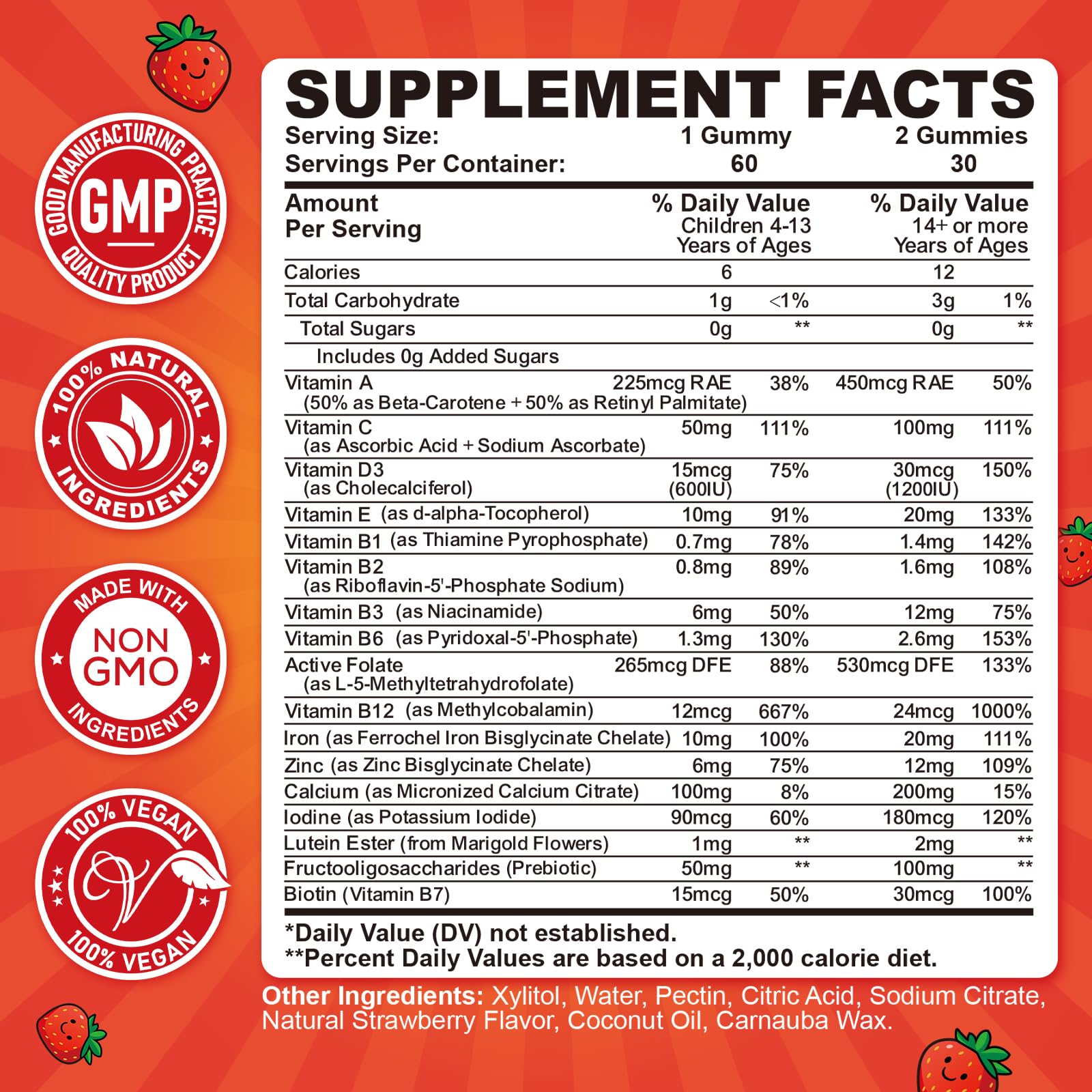 CFILIHTC Kids Multivitamin ingredients label shows iron and vitamins for growth.
