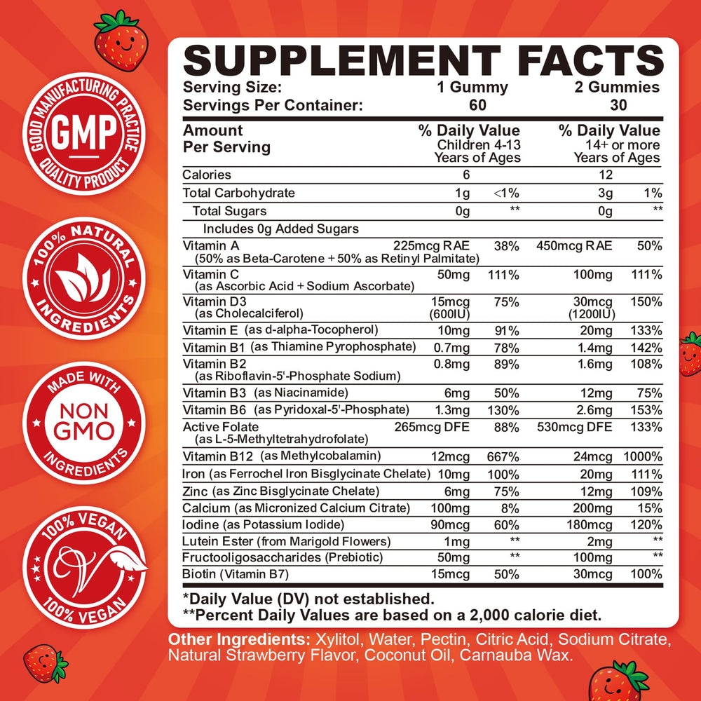 CFILIHTC Kids Multivitamin ingredients label shows iron and vitamins for growth.