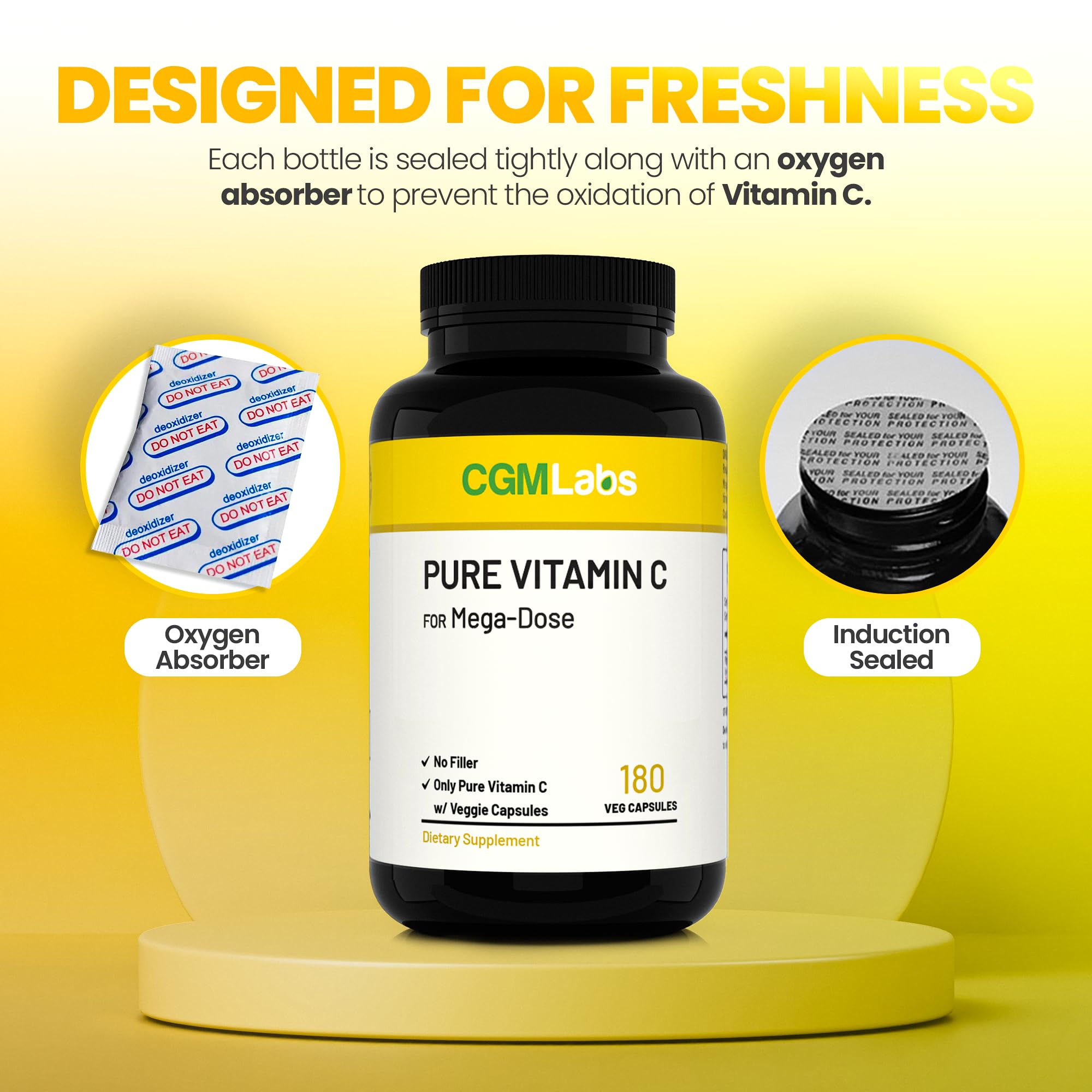 CGM Labs Mega Dose Vitamin C 1000 mg label close-up emphasizes purity and freshness