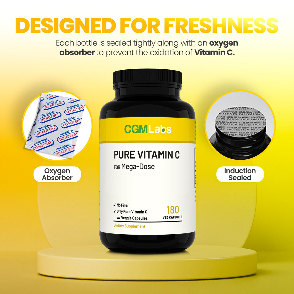 CGM Labs Mega Dose Vitamin C 1000 mg label close-up emphasizes purity and freshness