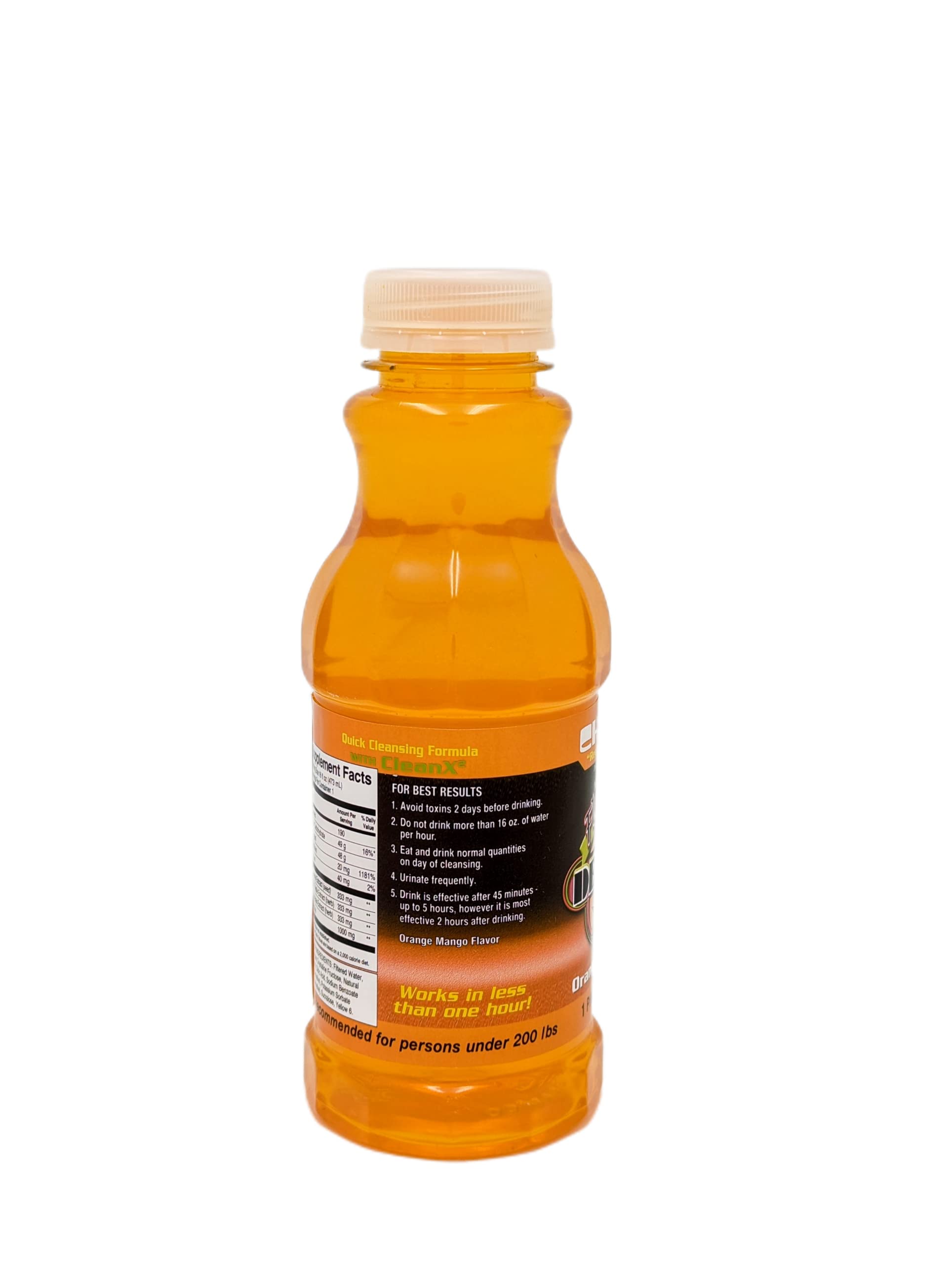 Champ Flush Out Detox orange-mango glass pour with vibrant flavor for quick breaks.