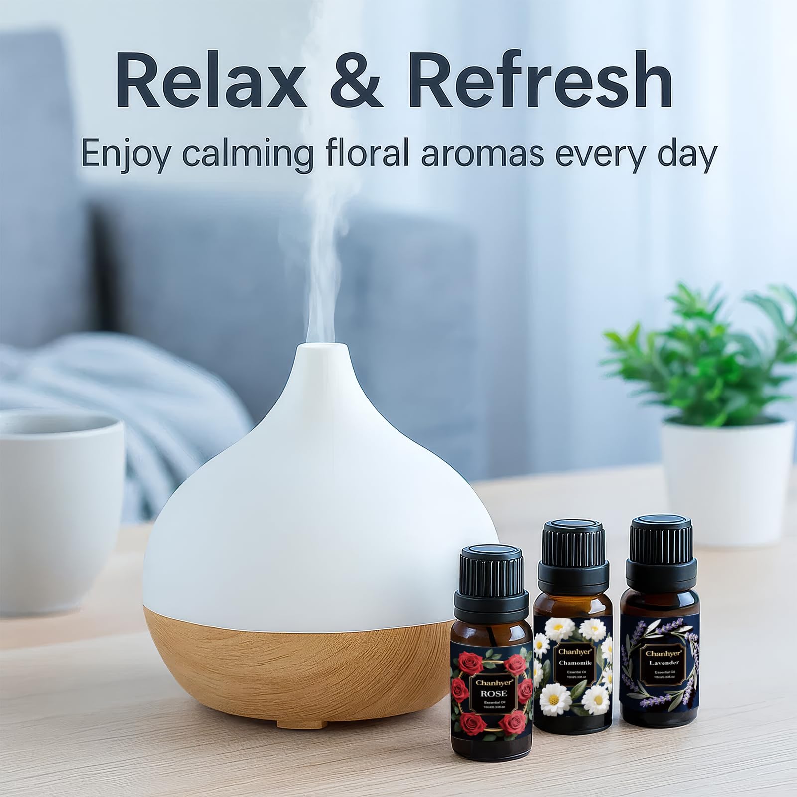 Chanhyer Cherry Blossom essential oil bottle creates gentle floral ambience.