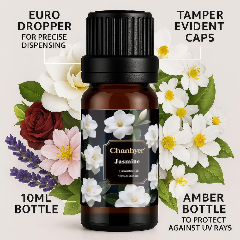 Chanhyer Jasmine essential oil bottle enhances mood in diffusers.