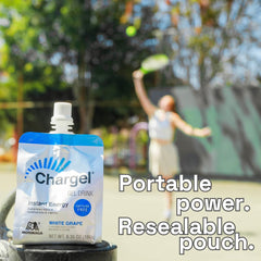 Gluten-free Chargel White Grape label highlighting clean energy options.