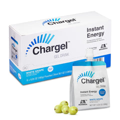 Chargel White Grape pouch close-up for easy on-the-go energy during workouts.