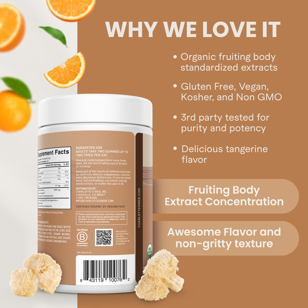 Charlotte's Web Focus Support bottle on orange tray highlighting Tangerine flavor