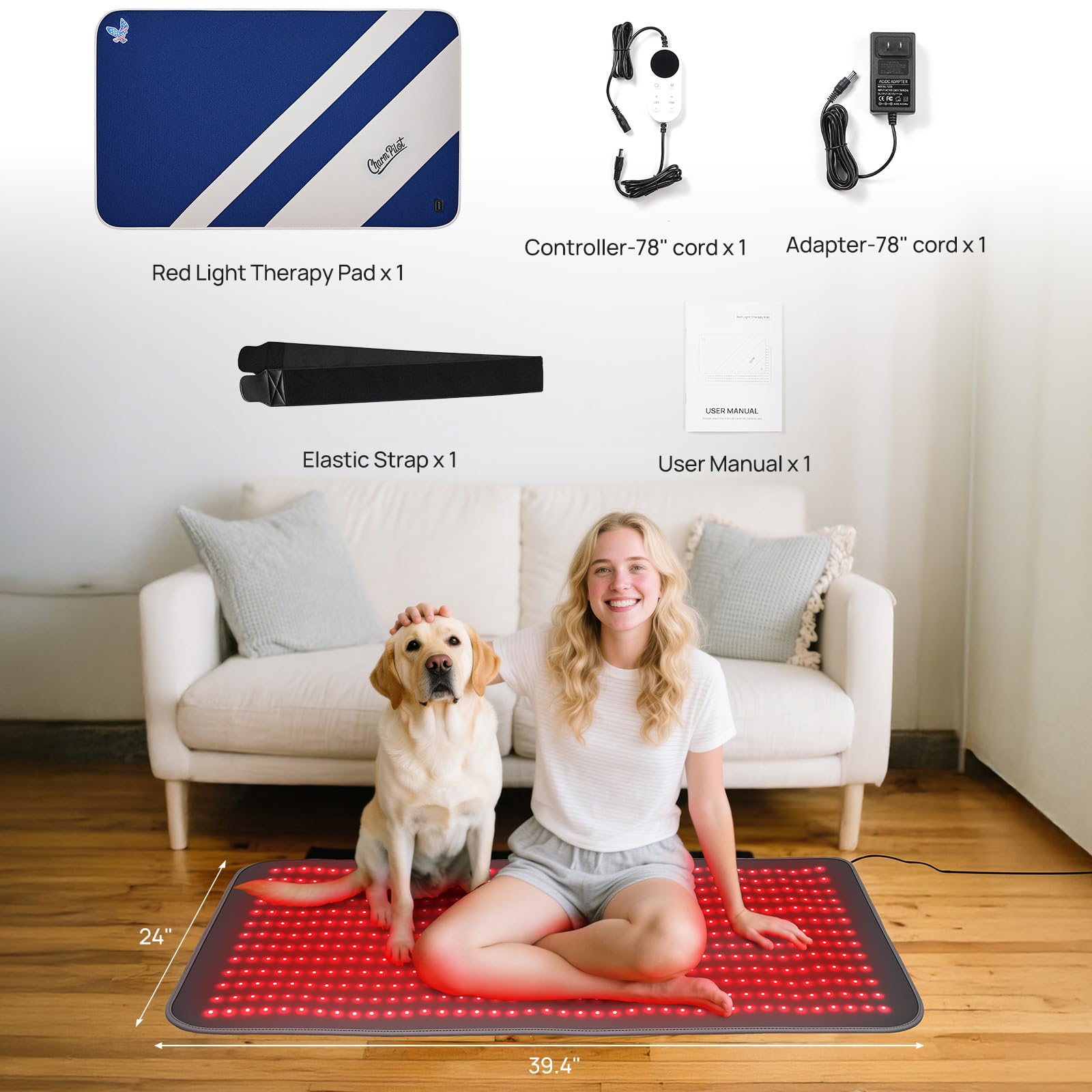 Bedroom-ready Charmpilot mat shown with generous size and easy power access