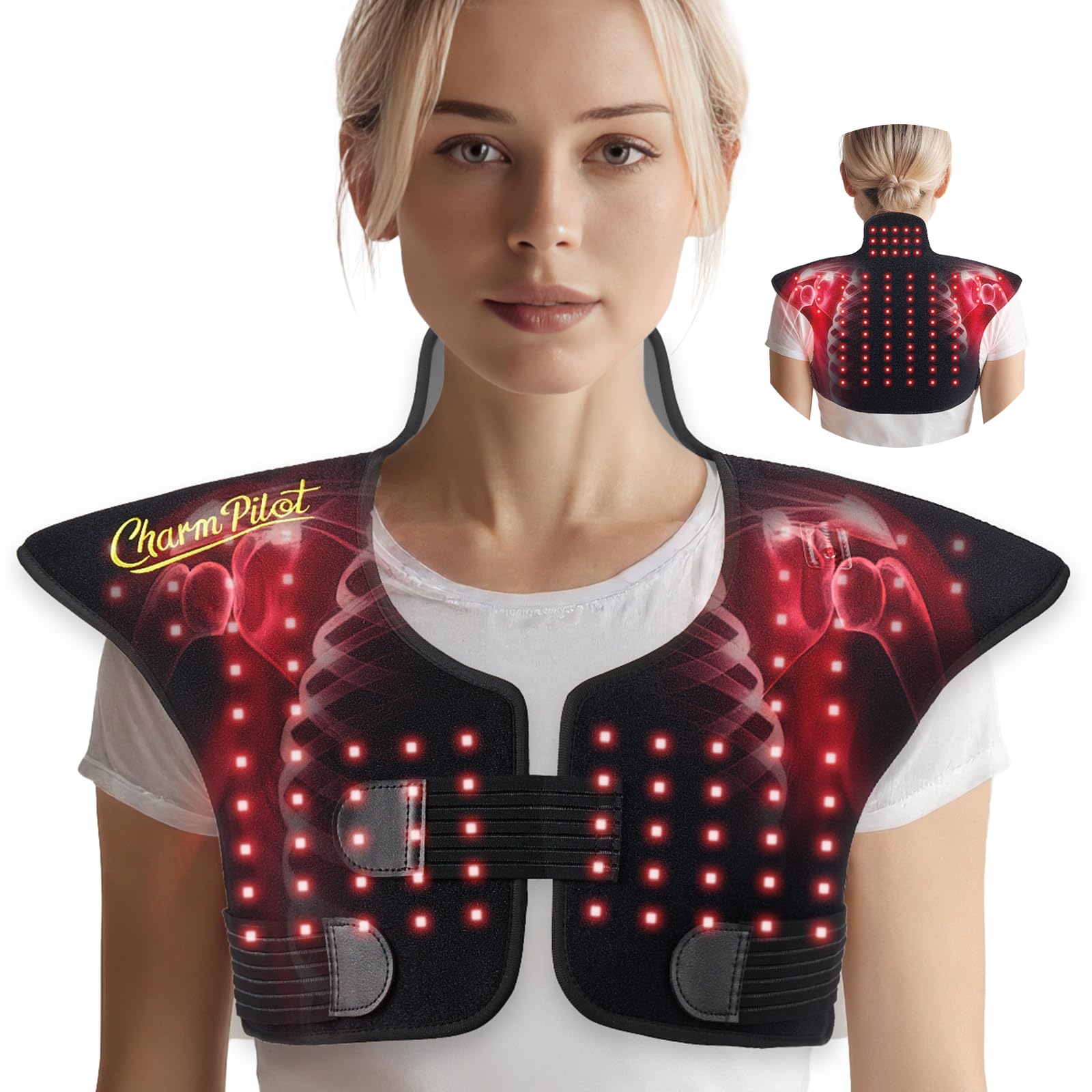 Charmpilot neck-shoulder wrap with red and NIR light for soothing tension.