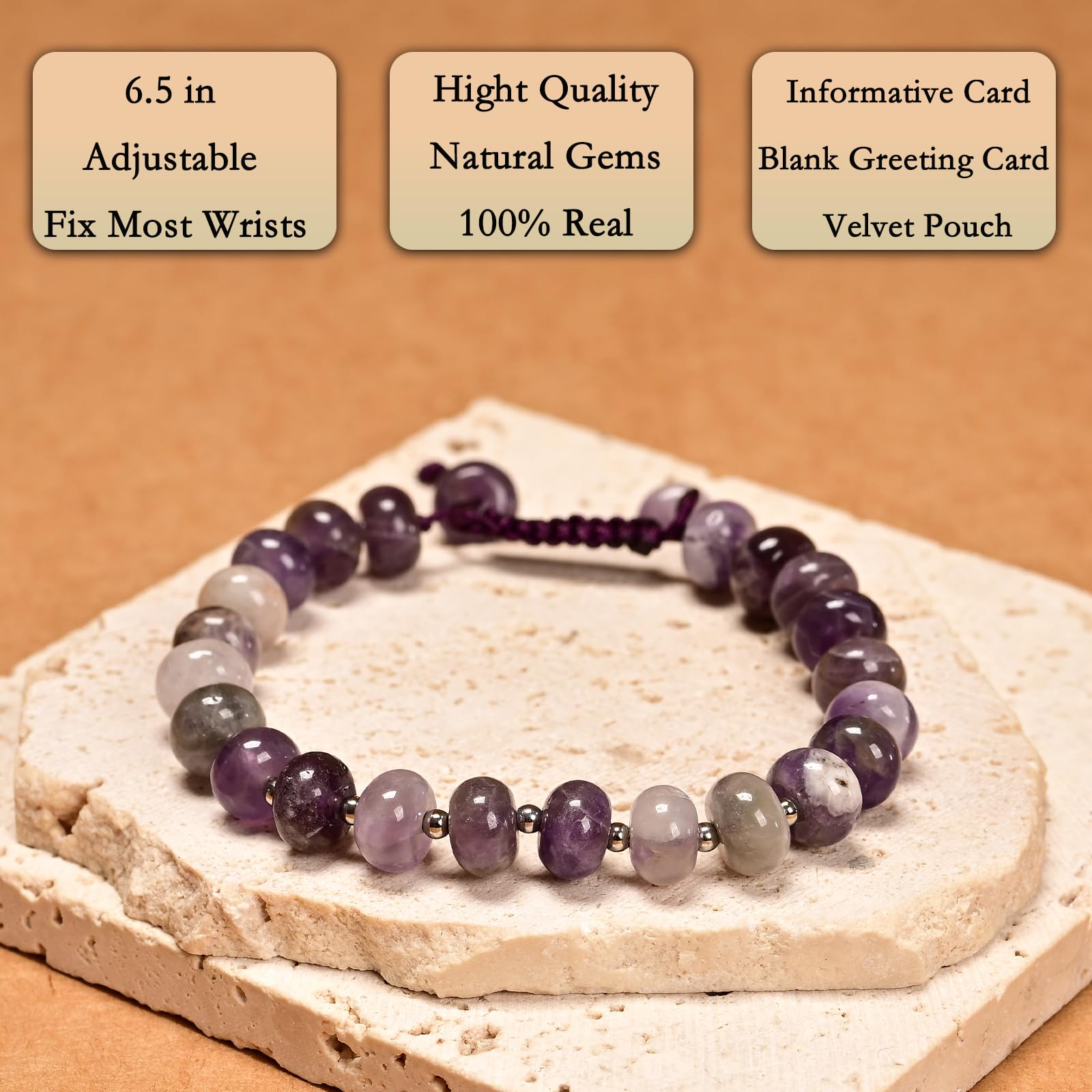 CHCCOYE amethyst bracelet symbolism card highlights love and luck.