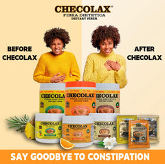 CHECOLAX orange powder with scoop supports fullness and healthier digestion
