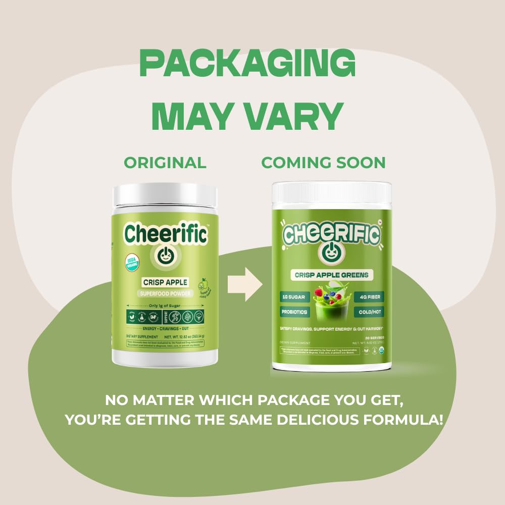 Container label reads 30-day supply of Cheerific Green Apple Bliss