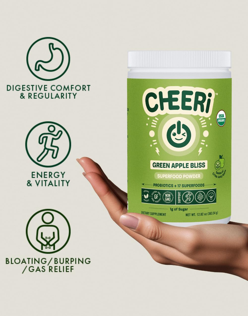 Close-up of kale, spinach, broccoli in Cheerific greens blend