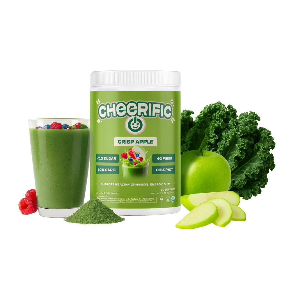 Cheerific Green Apple Bliss powder in a tub for daily nutrition