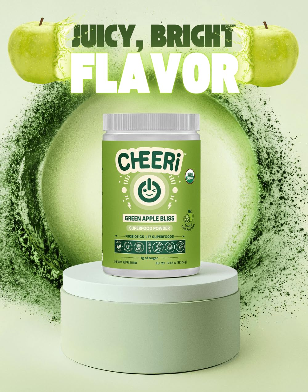 Scoop of Cheerific Green Apple Bliss highlighting gluten-free formula