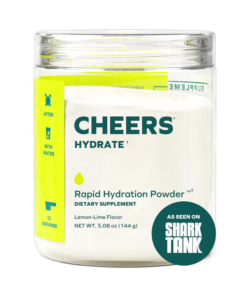 Cheers Hydrate lemon-lime powder ready to mix for fast hydration.