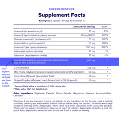 Cheers Liver Combo Restore capsules close-up highlighting post-drink support.