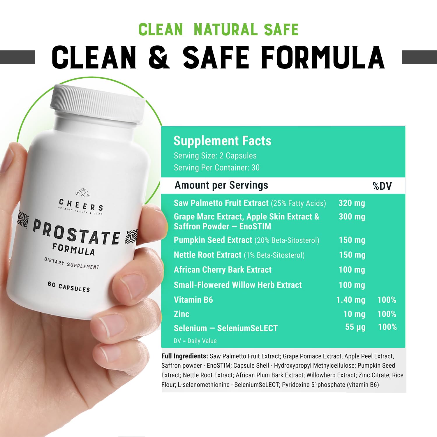 CHEERS Prostate Formula label closeup shows clean-label ingredients