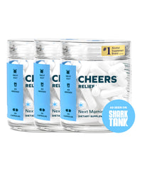 Cheers Relief bottle front showing a 36-dose package for next-morning support