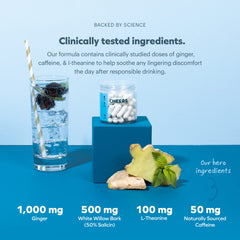 Cheers Relief capsules close-up highlighting ginger, willow bark, and caffeine